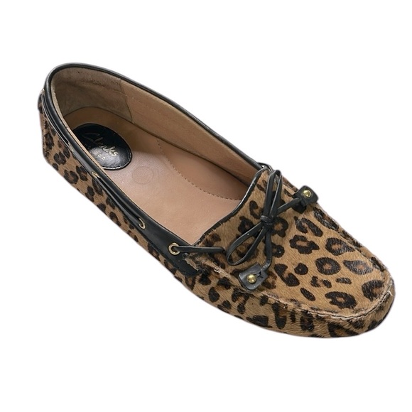 Clarks Brown and Black Calf Hair Leopard Loafers - Picture 1 of 6